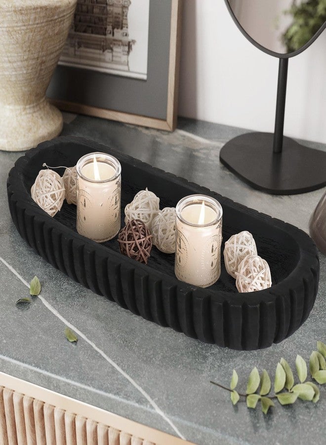 Oakrain Wooden Decorative Bowl for Home Decor, 16" Rustic Dough Bowl with Hand Carved Vertical Stripes, Long Wood Tray for Table Centerpieces, Matte Black - Image 1