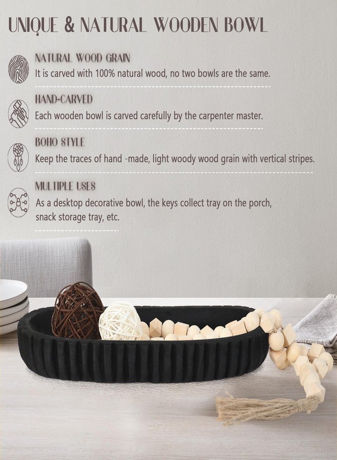 Oakrain Wooden Decorative Bowl for Home Decor, 16" Rustic Dough Bowl with Hand Carved Vertical Stripes, Long Wood Tray for Table Centerpieces, Matte Black - Image 4