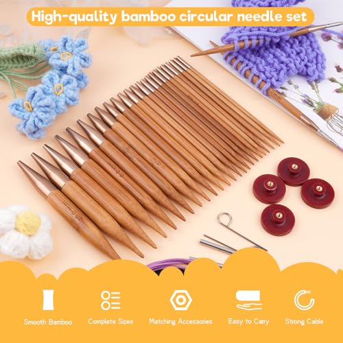 Weabetfu Knitting Needles Set with Bamboo Circular Knitting Needle 13 Pair Interchangeable Knitting Needles and Cables, Accessories and Case Perfect for Beginner, DIY Crafts - Image 4