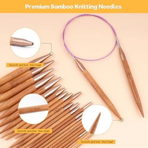Weabetfu Knitting Needles Set with Bamboo Circular Knitting Needle 13 Pair Interchangeable Knitting Needles and Cables, Accessories and Case Perfect for Beginner, DIY Crafts - Image 2