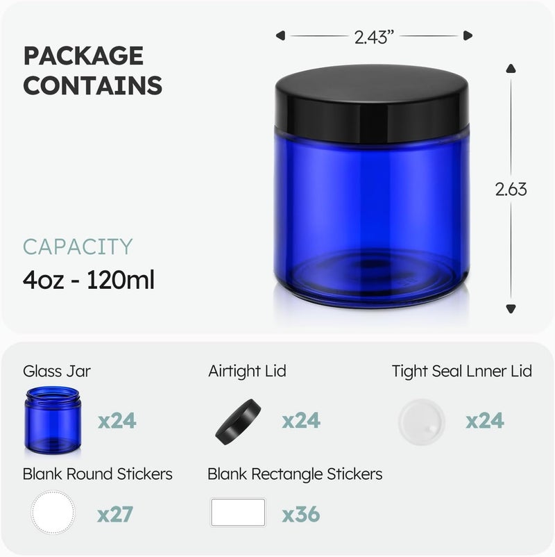 Tecohouse 4 oz Glass Jars with Lids, 24 Pack Blue Small Glass Jars with Black Lids Leakproof Round Airtight Empty Cosmetic Travel Containers with Inner Liners For Lotions Powders and Candle Making - Image 3
