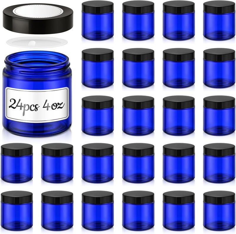 Tecohouse 4 oz Glass Jars with Lids, 24 Pack Blue Small Glass Jars with Black Lids Leakproof Round Airtight Empty Cosmetic Travel Containers with Inner Liners For Lotions Powders and Candle Making - Image 1