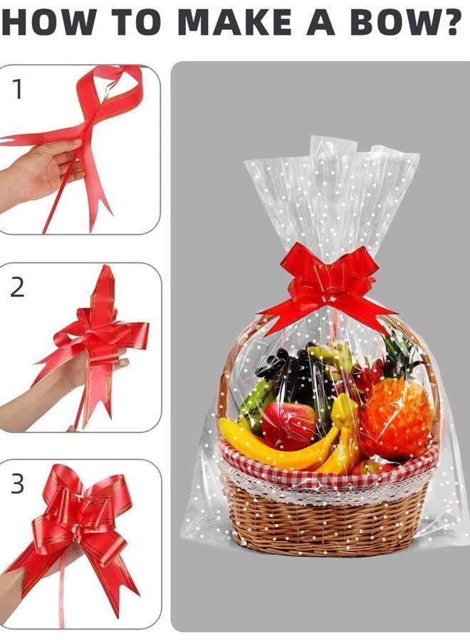 JOYIT 50 Pcs Clear Cellophane Bags with White Dot (18 in x 30 in) - 3 Mil Thicker Cellophane Wrap for Gift Baskets, Clear Plastic Bags with Red Bows Ribbon - Image 5