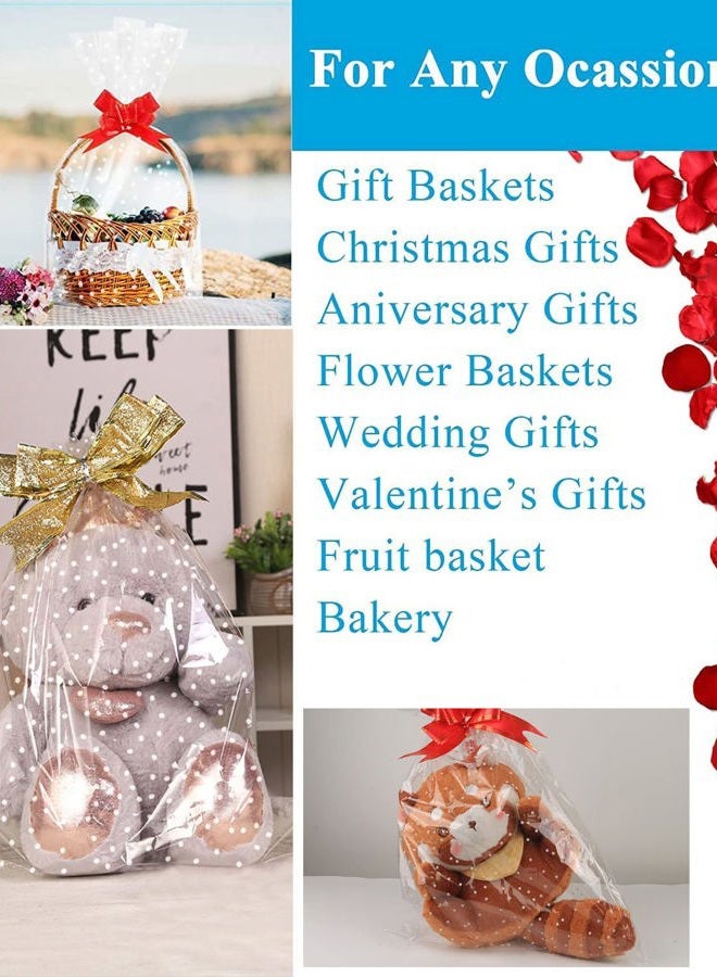 JOYIT 50 Pcs Clear Cellophane Bags with White Dot (18 in x 30 in) - 3 Mil Thicker Cellophane Wrap for Gift Baskets, Clear Plastic Bags with Red Bows Ribbon - Image 3