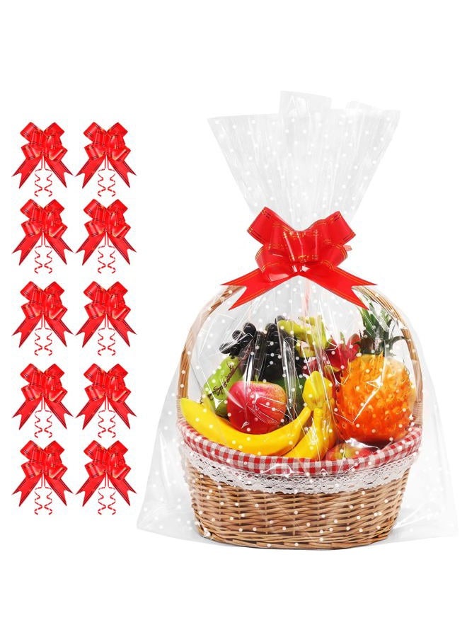 JOYIT 50 Pcs Clear Cellophane Bags with White Dot (18 in x 30 in) - 3 Mil Thicker Cellophane Wrap for Gift Baskets, Clear Plastic Bags with Red Bows Ribbon - Image 1
