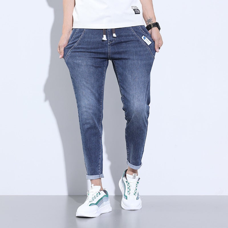 New Elastic Waist Jeans Men Spring Summer Trendy Spliced Stretch Ankle Pants Blue cropped pants]