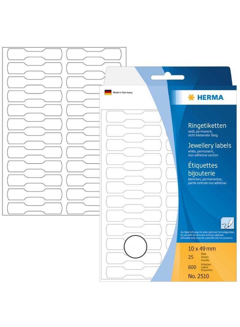 هيرما ملصقات حلقية HERMA 2510 (49 × 10 مم، 25 ورقة، ورق غير لامع) ذاتية اللصق، ملصقات أسعار لاصقة دائمة للكتابة اليدوية، 600 ملصق، 10 × 49 مم، أبيض - Image 1