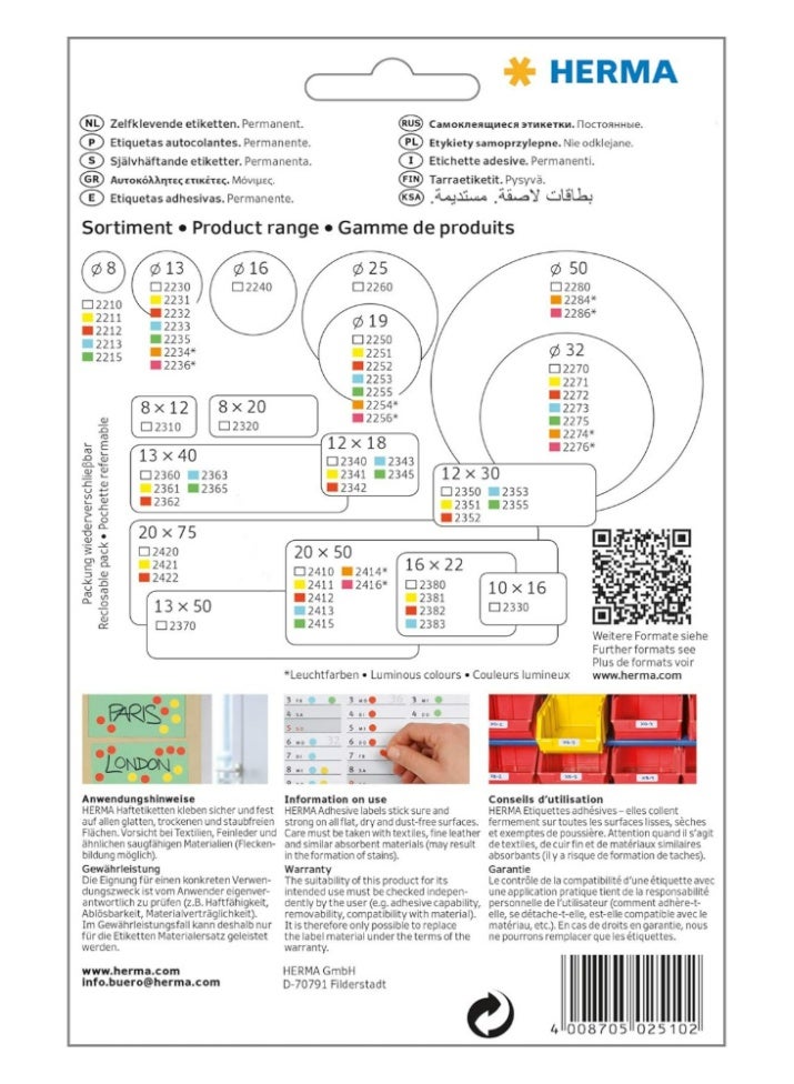 هيرما ملصقات حلقية HERMA 2510 (49 × 10 مم، 25 ورقة، ورق غير لامع) ذاتية اللصق، ملصقات أسعار لاصقة دائمة للكتابة اليدوية، 600 ملصق، 10 × 49 مم، أبيض - Image 5