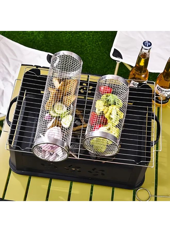 Large Stainless Steel BBQ Grill Cage And Oil Brush Set For Outdoor Kitchen Grilling - Image 1