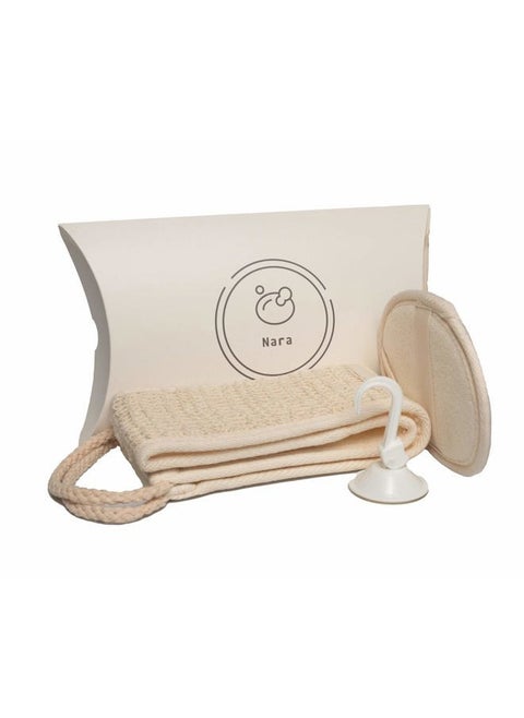 Loofah (lufa) Sponge Set : one face Sponge, one Back and Body Scrubber and a Suction Clip. Sponges to exfoliate Your Body and face.
