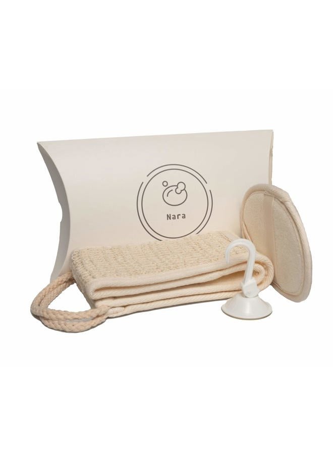 Nara Loofah (lufa) Sponge Set : one face Sponge, one Back and Body Scrubber and a Suction Clip. Sponges to exfoliate Your Body and face.  - Image 1