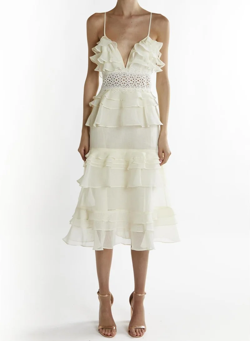 Soft-Yellow Melina V-Neck Ruffle Midi-Dress