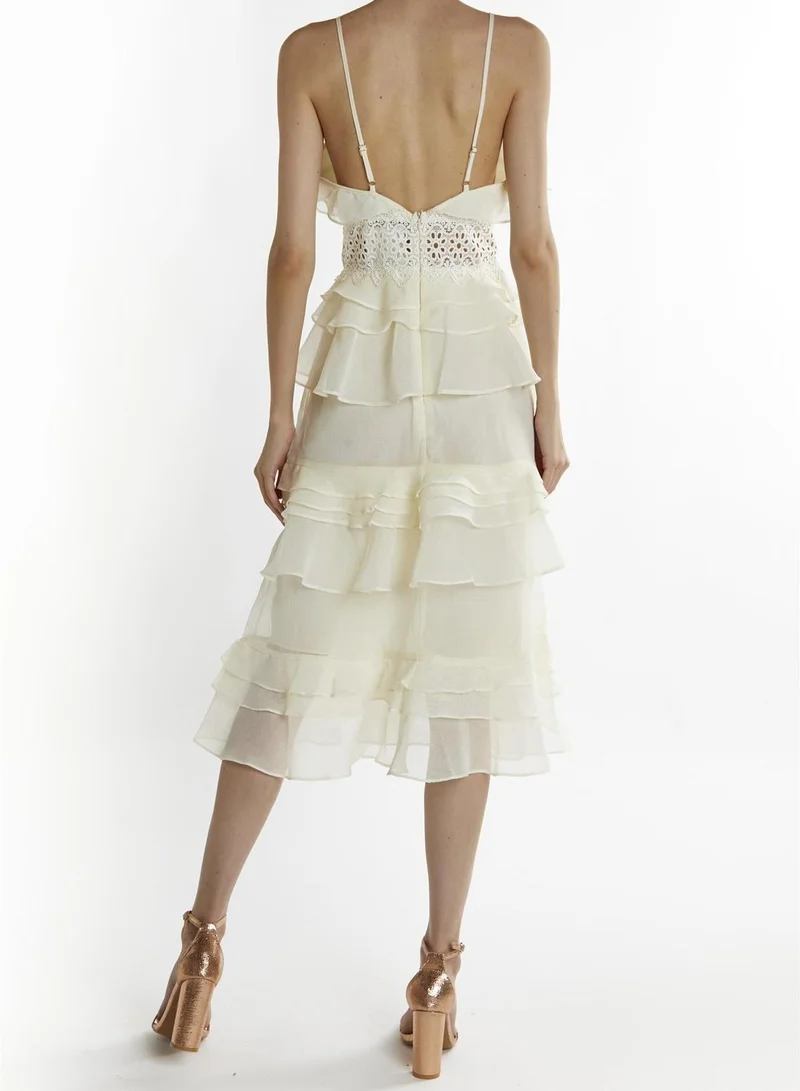 True Decadence Soft-Yellow Melina V-Neck Ruffle Midi-Dress