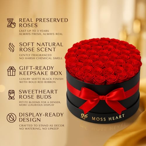 Moss Heart 50 وردة محفوظة، زهور خالدة للتوصيل في صندوق دائري مصمم، براعم صغيرة تدوم طويلاً، للنساء، باقة وردة أبدية ليوم الأم، عيد ميلاد صديقة - Image 3