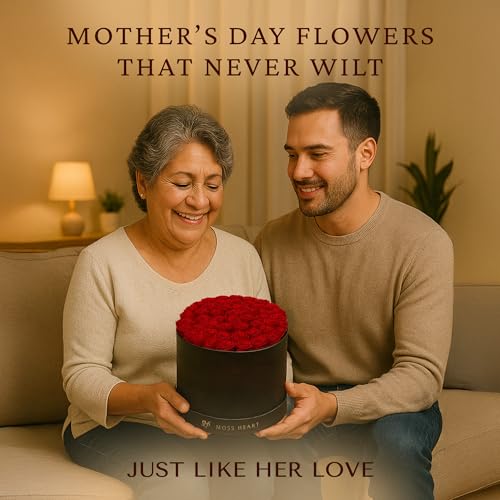 Moss Heart 50 وردة محفوظة، زهور خالدة للتوصيل في صندوق دائري مصمم، براعم صغيرة تدوم طويلاً، للنساء، باقة وردة أبدية ليوم الأم، عيد ميلاد صديقة - Image 4