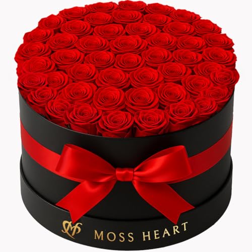 Moss Heart 50 وردة محفوظة، زهور خالدة للتوصيل في صندوق دائري مصمم، براعم صغيرة تدوم طويلاً، للنساء، باقة وردة أبدية ليوم الأم، عيد ميلاد صديقة - Image 1