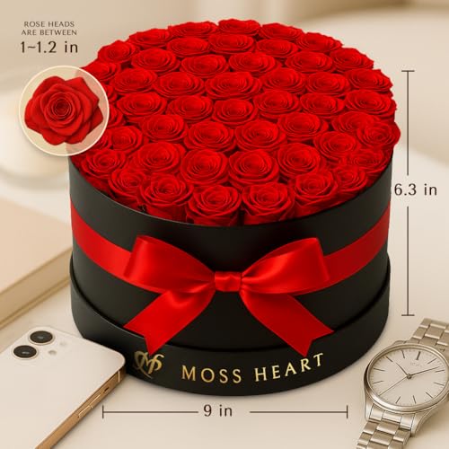 Moss Heart 50 وردة محفوظة، زهور خالدة للتوصيل في صندوق دائري مصمم، براعم صغيرة تدوم طويلاً، للنساء، باقة وردة أبدية ليوم الأم، عيد ميلاد صديقة - Image 2