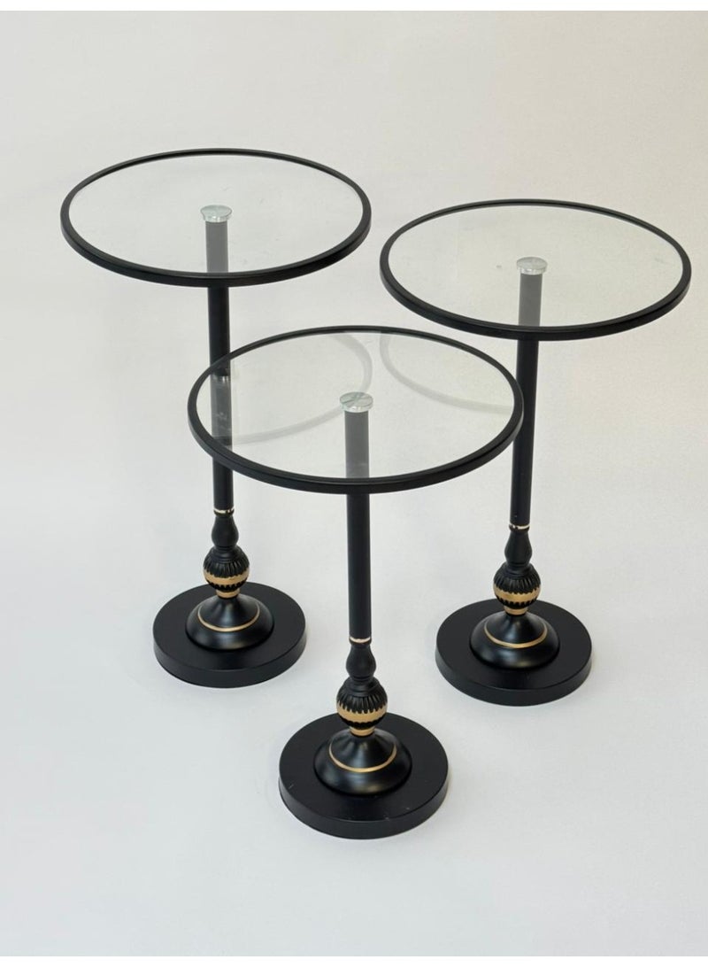 Living Set of Three Glass Tables with Black Steel Frame and Elegant Golden Touches - Image 2