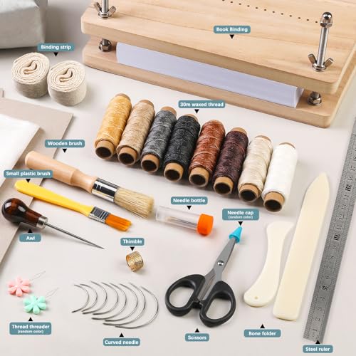 UzecPk Book Binding Kits, Book Binding, Bookbinding Kit, Book Binding Materials, Book Making Kit, Book Press with Book Cloth Bone Folder Awl Bookbinding Needles Wax Thread, 11.8 X 7.6 Inches - Image 3