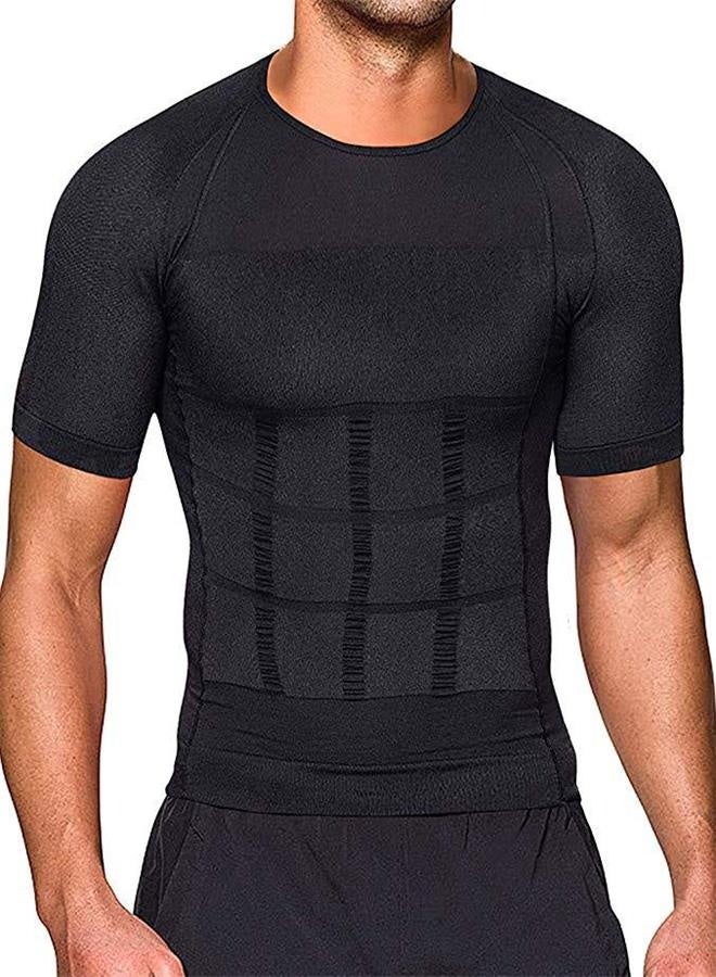 Black Men's Slimming Short Sleeve - Tummy Control Compression Shirt - Image 1