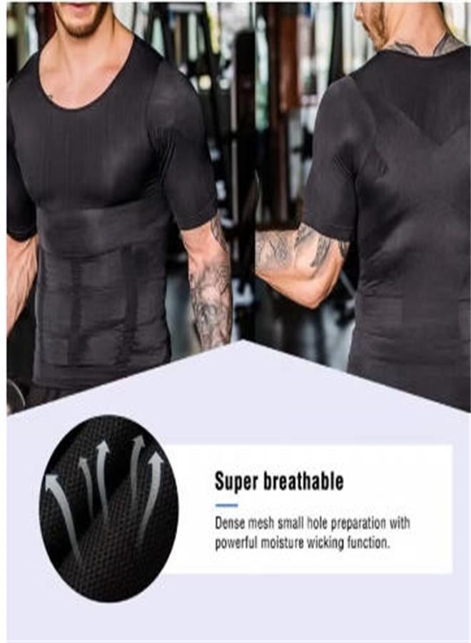 Black Men's Slimming Short Sleeve - Tummy Control Compression Shirt - Image 3