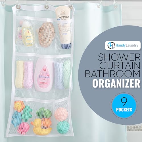 Handy Laundry Shower Curtain Bathroom Organizer -9 Pockets- Perfect for Organizing Home Bath, Your Toiletries and kid's Toys in Nine Durable Deep Mesh Pockets. Hang on Existing Shower Curtain Rings. - Image 2