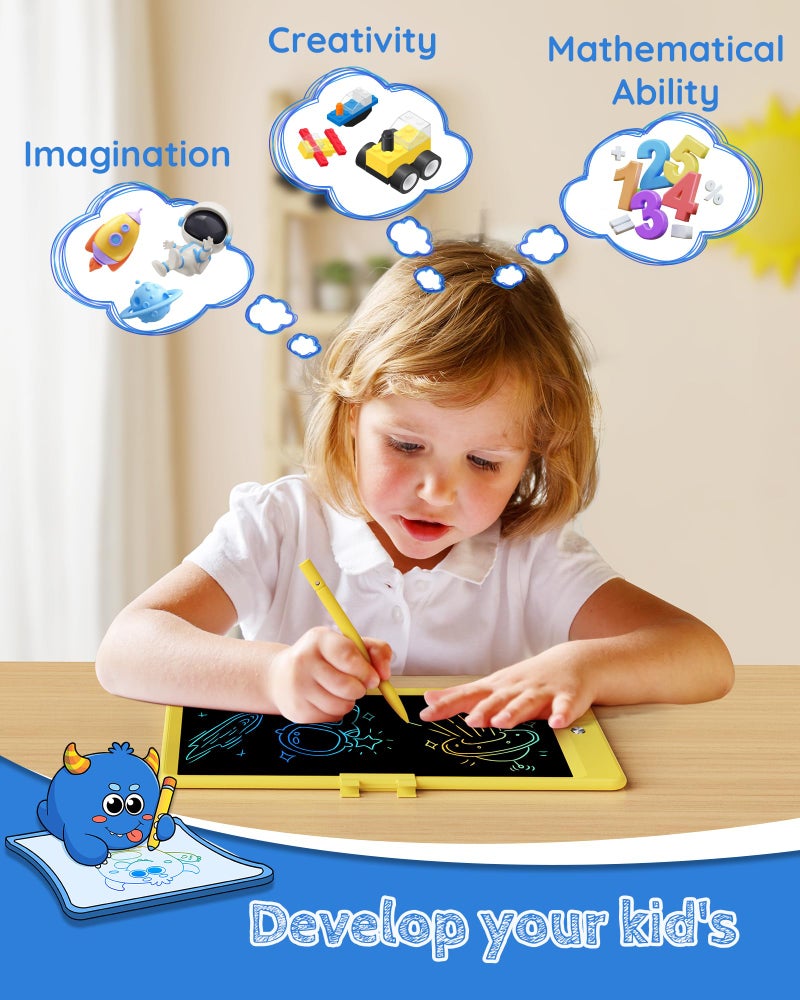 TEKFUN ألعاب TEKFUN للبنات والأولاد 10IN لوح كتابة LCD، لوحة رسم سحرية مع قلم مضاد للفقد، تلوين بدون فوضى لوسادة رسم الأطفال، ألعاب هدايا سفر للأطفال في السيارة والطائرة (أصفر) - Image 2