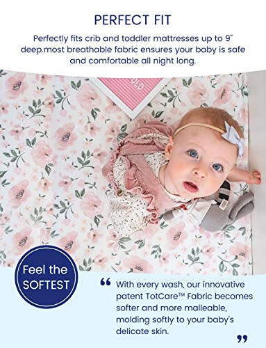 TotAha Premium Stretchy Crib Sheets (2-Pack)-Hypoallergenic, Silky Comfort, Buttery Soft, Calming Effect, All-Season Jersey-Knit Sheets, 9'' Extra Deep Pocket(Meredith Allover Floral & Pale Pink) - Image 3