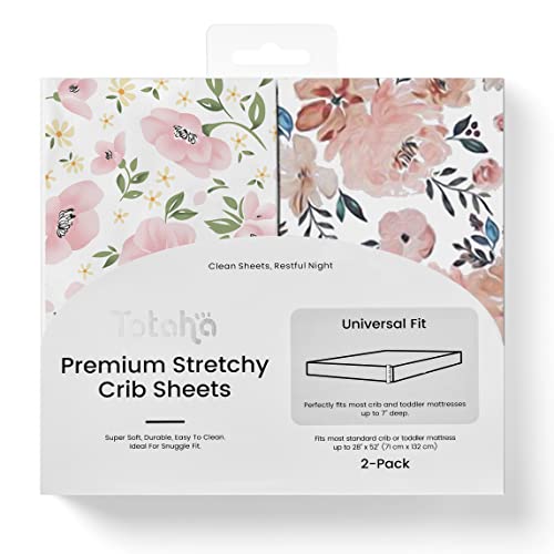 TotAha Premium Stretchy Crib Sheets (2-Pack)-Hypoallergenic, Silky Comfort, Buttery Soft, Calming Effect, All-Season Jersey-Knit Sheets, 9'' Extra Deep Pocket(Meredith Allover Floral & Pale Pink) - Image 1
