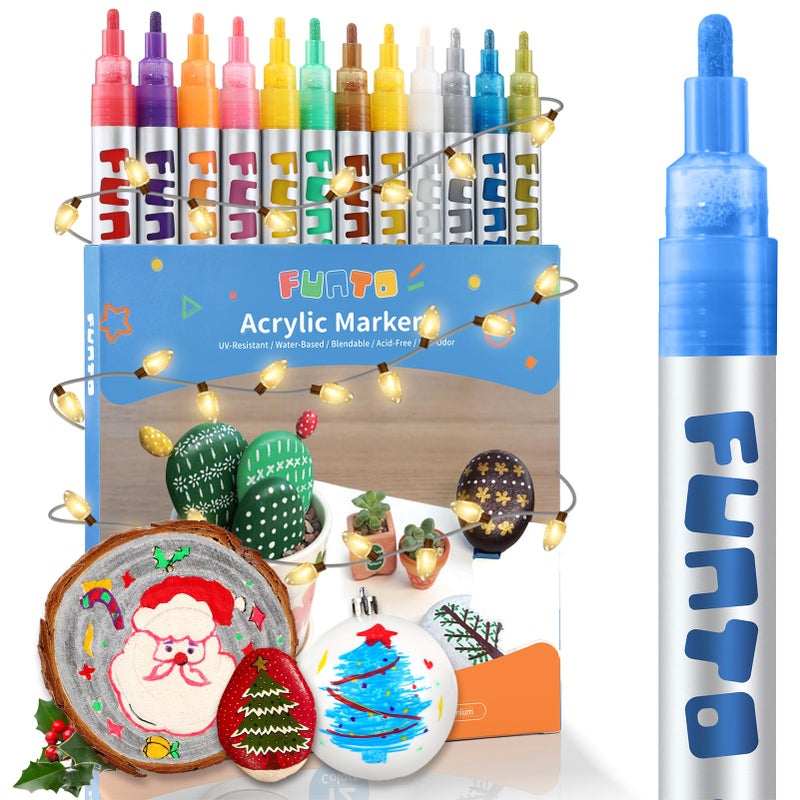 Funto Acrylic Paint Pens for Rock Painting Fabric Wood Canvas Metal Ceramic Glass 12 Colors Paint Marker Set NonToxic Quick Drying