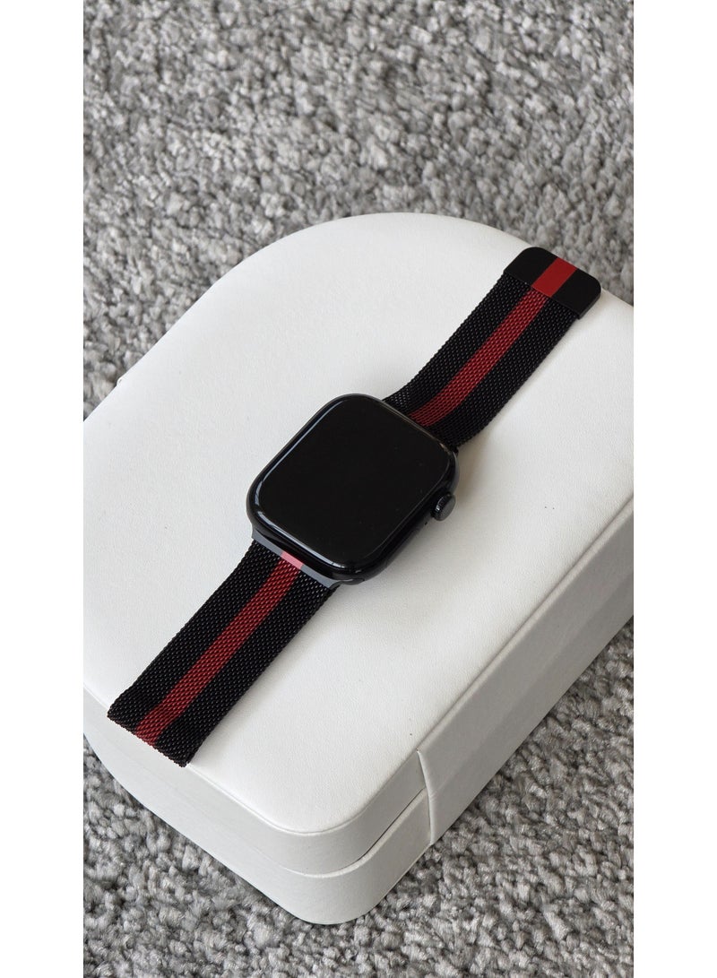 Premium 46mm Milanese Magnetic Loop Apple Watch Band | Stainless Steel Metal Mesh Strap | Black & Red Nato - Image 1