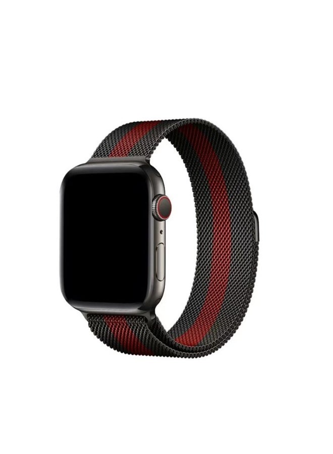 Premium 46mm Milanese Magnetic Loop Apple Watch Band | Stainless Steel Metal Mesh Strap | Black & Red Nato - Image 3