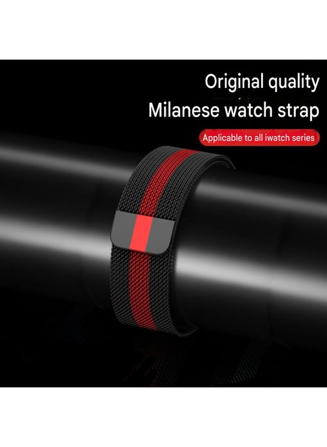 Premium 46mm Milanese Magnetic Loop Apple Watch Band | Stainless Steel Metal Mesh Strap | Black & Red Nato - Image 2