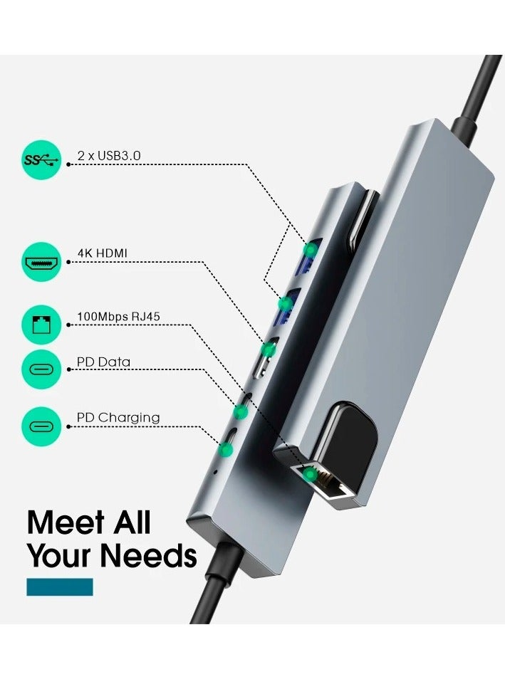 Zero ZERO TYPE-C to HDTV 6 in 1 Adapter with LAN USB Type-C 4K video output – Silver  - Image 3