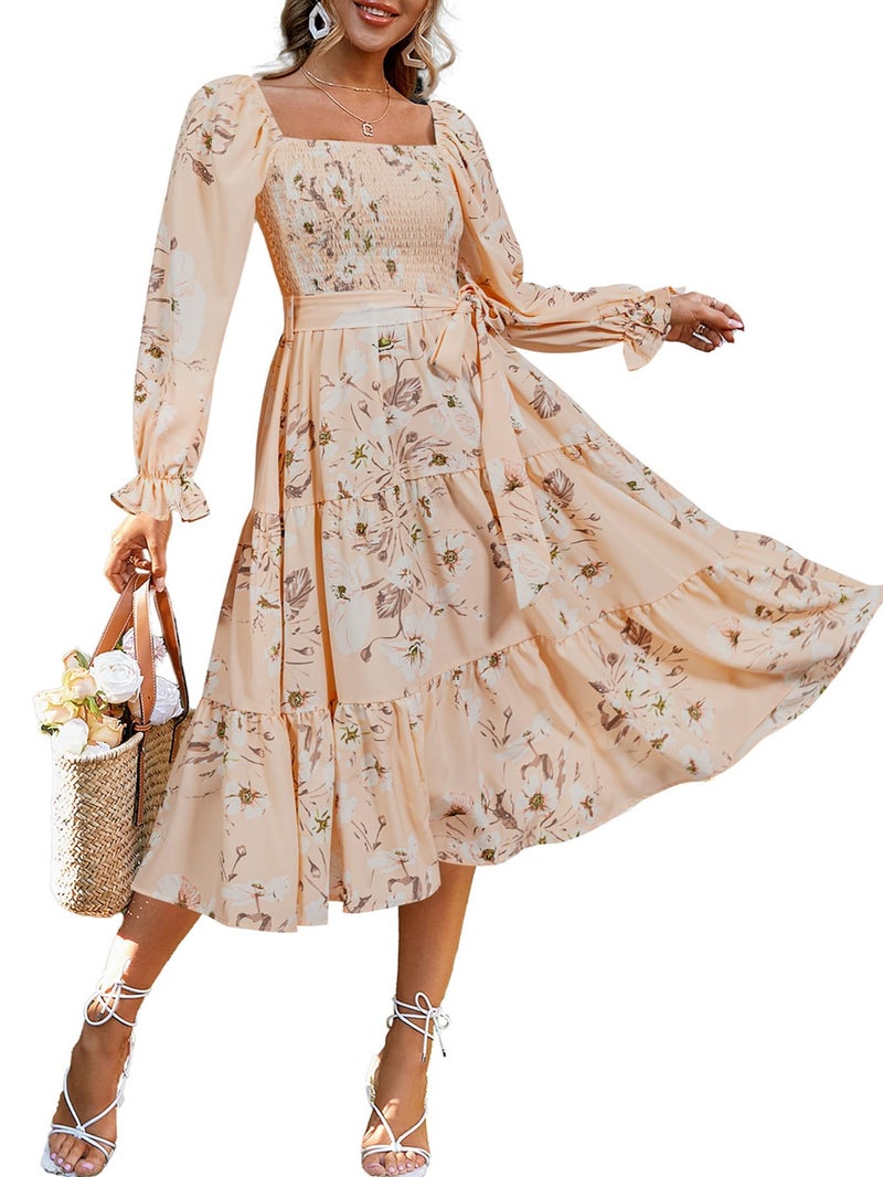 Amegoya Women's Floral Long Sleeve Midi Dress Boho Wedding Guest Dress Square Neck Smocked Tiered Flowy Dress (Floral Peach M) - Image 1
