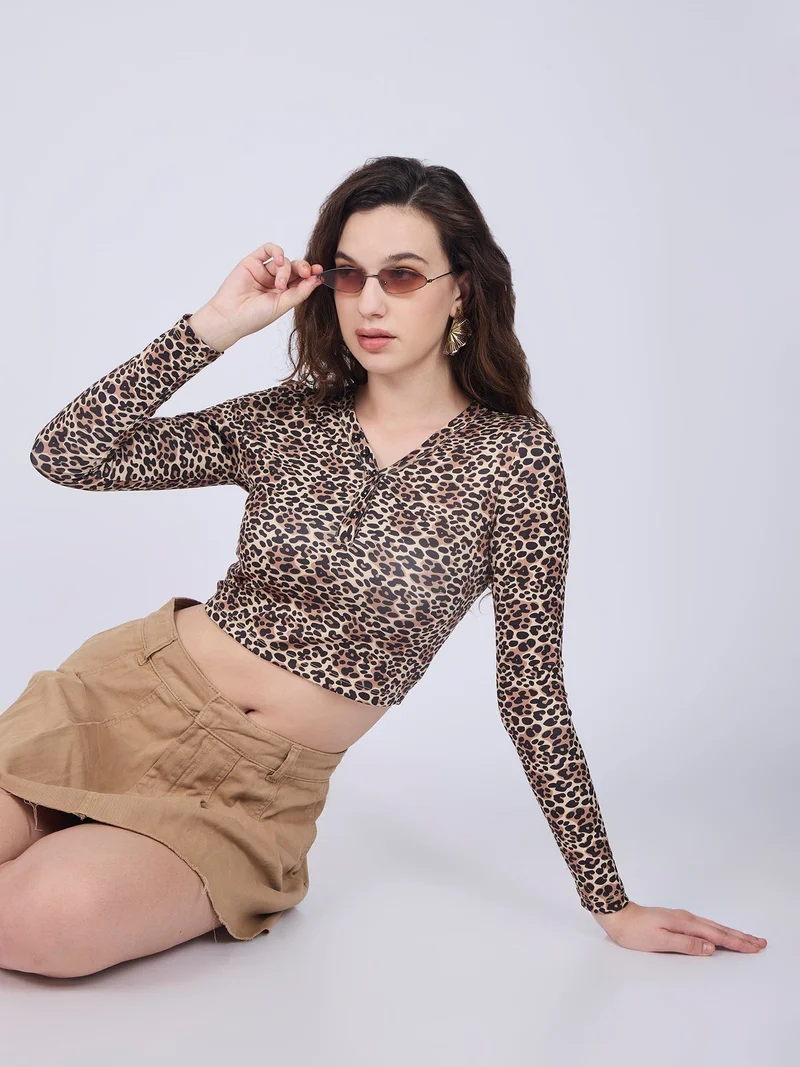 Outzidr  Beige Animal Printed Knit Top for Women | Best Price UAE