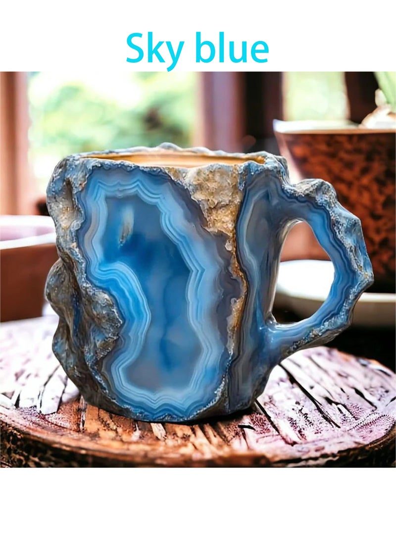 كوب قهوة فاخر من الراتنج الكريستالي المعدني مع غطاء داخلي من الفولاذ المقاوم للصدأ - كوب حراري معزول مزدوج الجدار، تصميم بملمس الحجر الطبيعي، رائع للمنزل/المكتب/الهدايا (أزرق سماوي) - Image 1