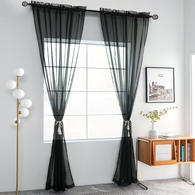 youleyar الصلبة القضيب القضيب الستار Voile Draperies 2 لوحات بيضاء بيج رمادي قهوة 60 بوصة عرض 63 بوصة 1 زوج 1 زوج لغرفة نوم المطبخ ساحة غرفة المعيشة (أسود 60wx63l) - Image 2