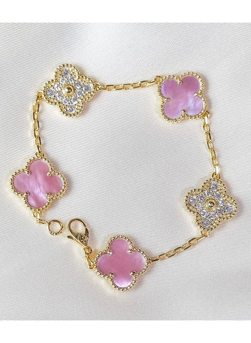NCVI 18K Gold Clover Bracelet Women's Multicolor Petal Bracelet Changing Pink Petal Double Faced Pearl Pink Pearl Pendant - Image 2
