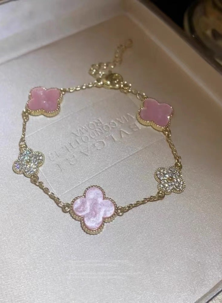 NCVI 18K Gold Clover Bracelet Women's Multicolor Petal Bracelet Changing Pink Petal Double Faced Pearl Pink Pearl Pendant - Image 1