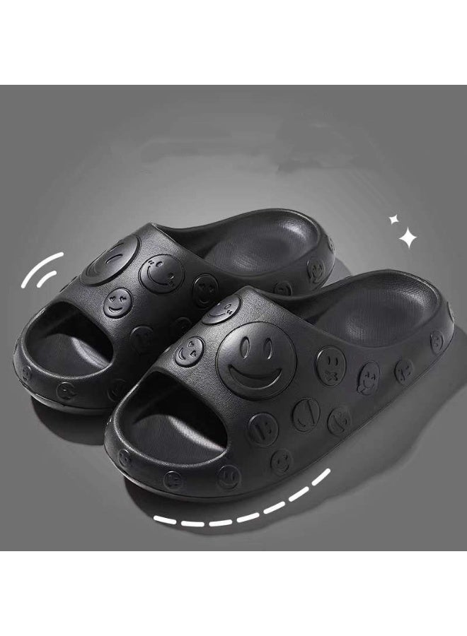 Men's Bathroom Soft Sole Beach Slippers Black Smiley Face