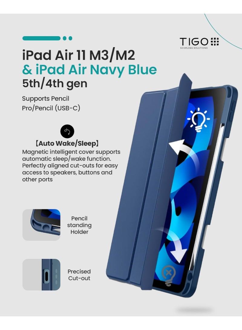 T I G O iPad Air 11 Inch M3/M2 (2025/2024), iPad Air 5/4 (10.9 inch, 2022/2020, 5th/4.) with Pen Holder, Clear Transparent Back Case, Thin Stand Tablet Protective Case Navy Blue  - Image 5