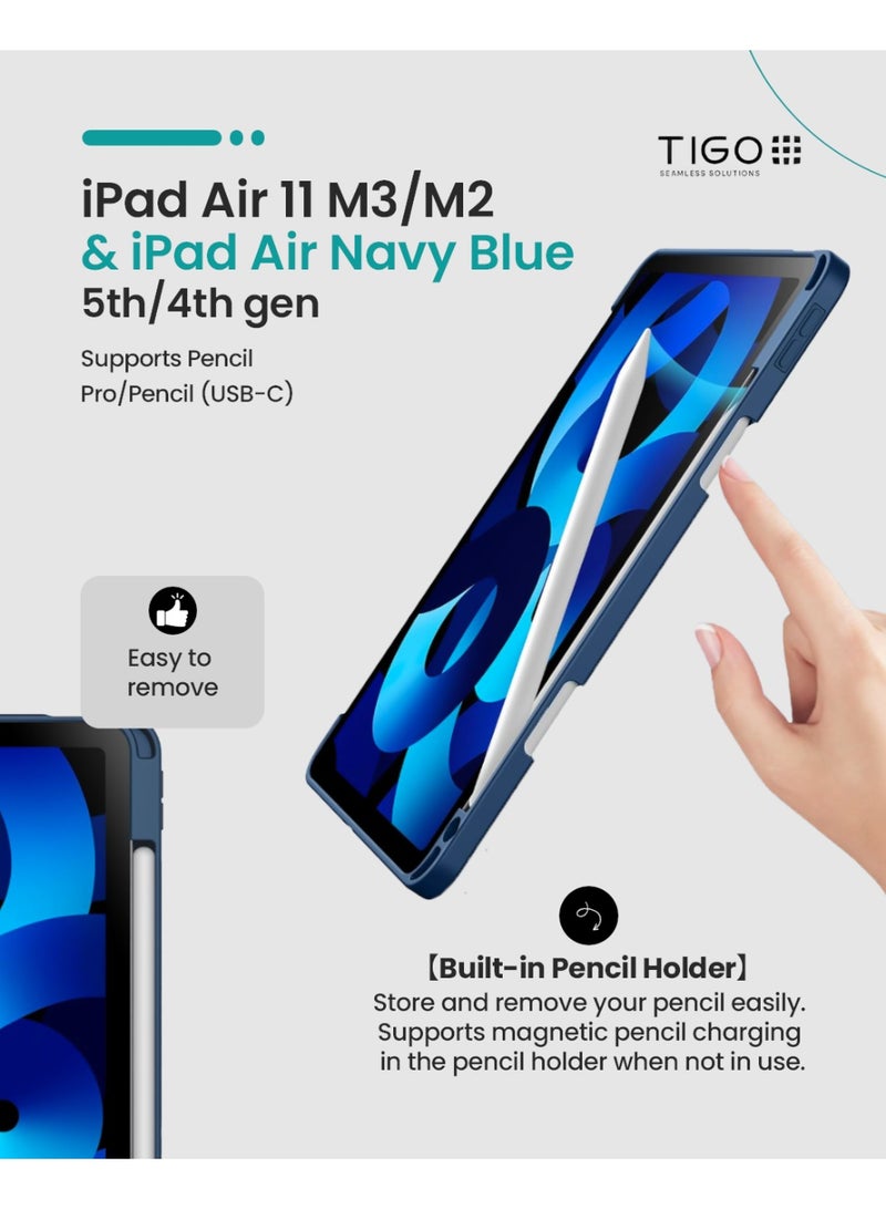 T I G O iPad Air 11 Inch M3/M2 (2025/2024), iPad Air 5/4 (10.9 inch, 2022/2020, 5th/4.) with Pen Holder, Clear Transparent Back Case, Thin Stand Tablet Protective Case Navy Blue  - Image 4