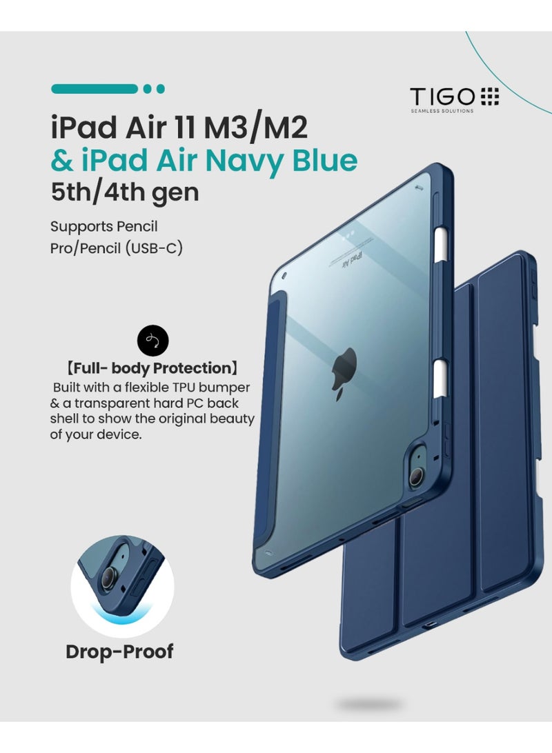 T I G O iPad Air 11 Inch M3/M2 (2025/2024), iPad Air 5/4 (10.9 inch, 2022/2020, 5th/4.) with Pen Holder, Clear Transparent Back Case, Thin Stand Tablet Protective Case Navy Blue  - Image 3