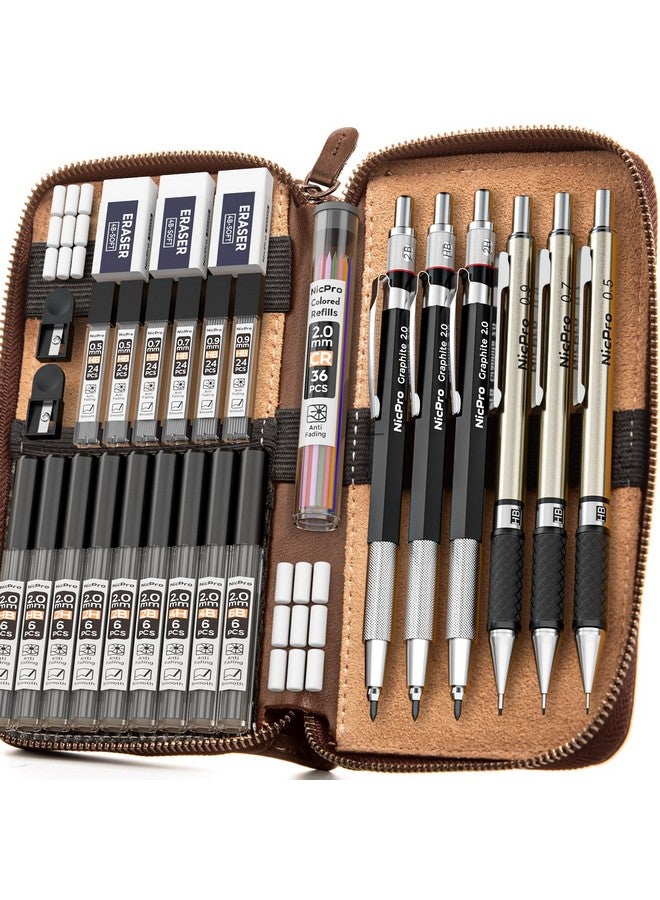 Nicpro 29Pcs Art Mechanical Pencil Set In Leather Case, Metal Drafting Pencil 0.5, 0.7, 0.9 Mm & 2Mm Lead Holders For Sketching Drawing With 16 Tube (4B 2B Hb 2H 4H 6B Colored) Lead Refills - Image 1