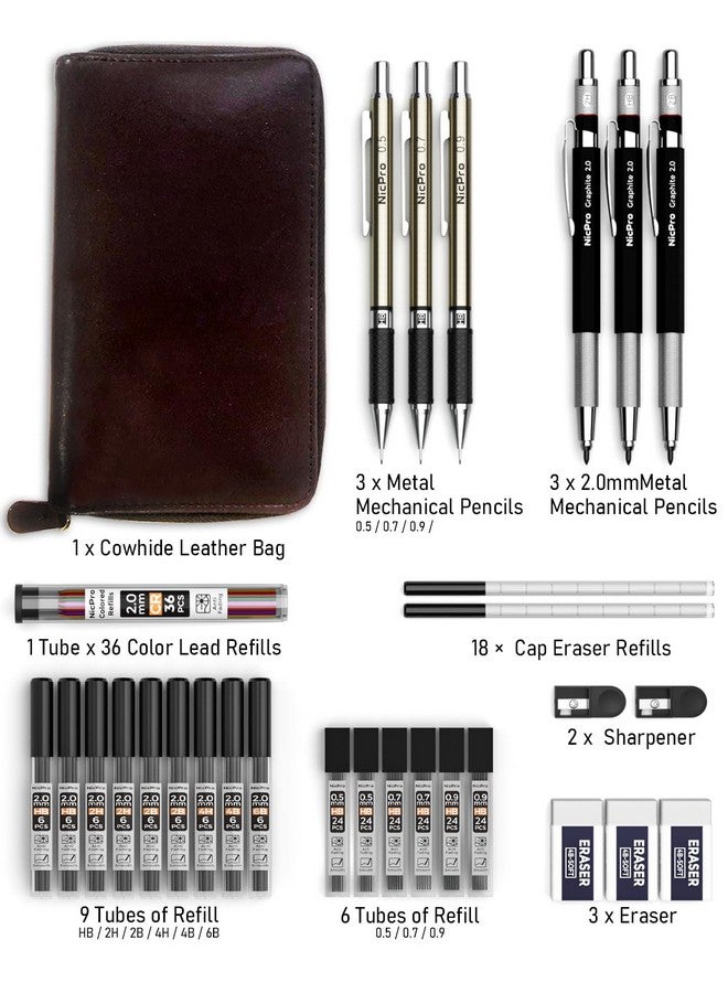 Nicpro 29Pcs Art Mechanical Pencil Set In Leather Case, Metal Drafting Pencil 0.5, 0.7, 0.9 Mm & 2Mm Lead Holders For Sketching Drawing With 16 Tube (4B 2B Hb 2H 4H 6B Colored) Lead Refills - Image 5