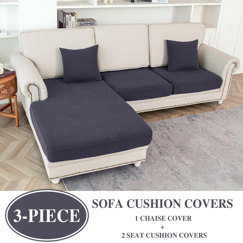 LA MEACK Couch Cushion Covers for Sectional Sofa L Shape Washable Separate Seat Chaise Couch Cover Stretch Sofa Slipcovers with 2 Pcs Pillowcases(2 Seater + 1 Chaise, Dark Grey) - Image 2