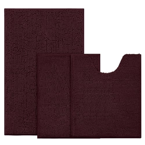 BYSURE Brown Bathroom Rugs Sets 3 Piece Non Slip Extra Absorbent Plush Chenille Soft Washable Bath Mats - Image 1