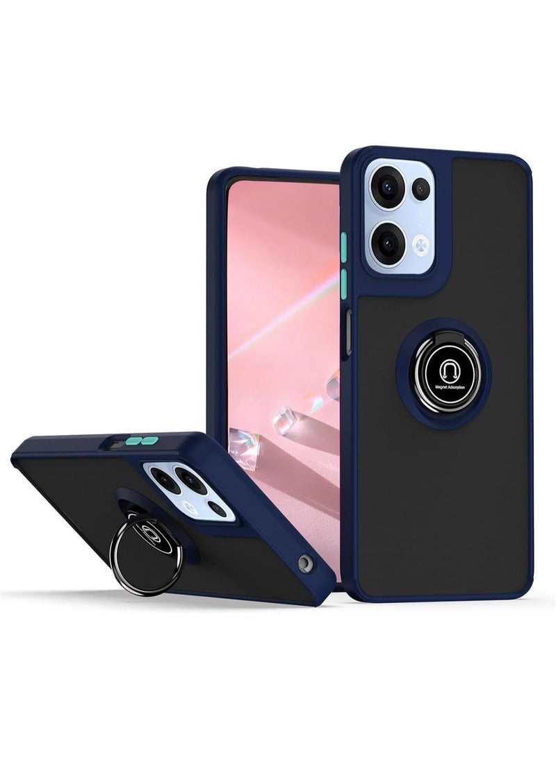 Case for Oppo Reno13 Case Cover Metal Ring Holder Grip Kickstand Car Magnetic Mount Shockproof Matte Hard Back Bumper Case for Reno 13 5G Blue