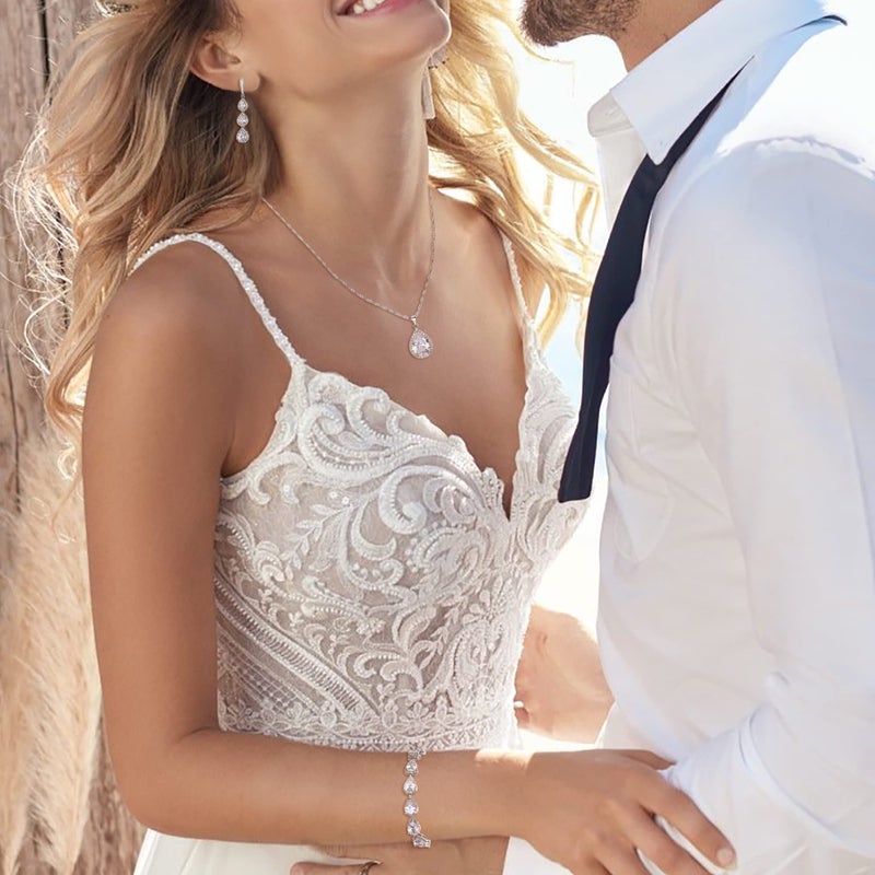 EleQueen Necklace Long Dangle Earrings Bracelet Set, Silver Plated Teardrop Cubic Zirconia Jewelry Sets Wedding Party Gift Jewelry for Women Bridal Bridesmaid, Cubic Zirconia, Cubic Zirconia - Image 2